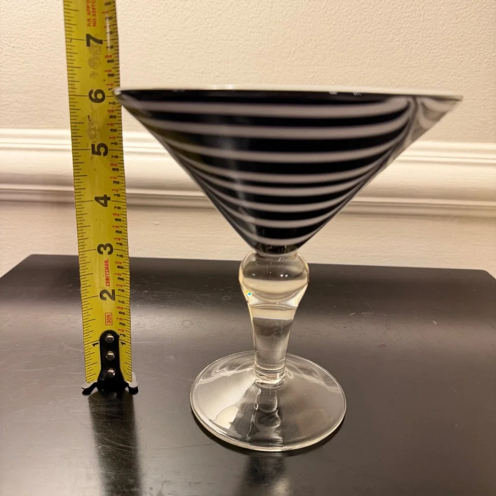 Murano Hand Blown Art Glass Zebra Swirl Avici Martini Glass Black White XL VTG